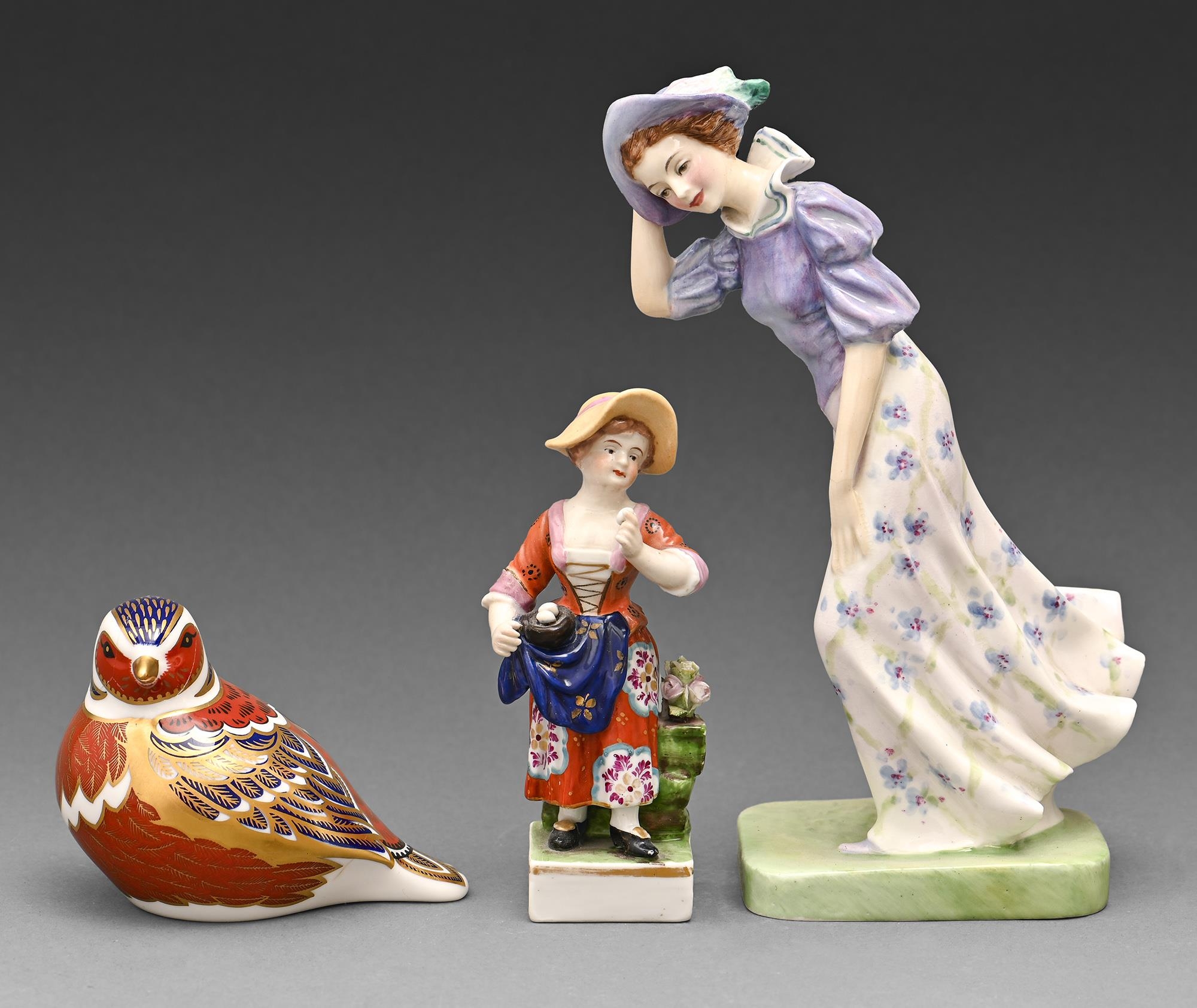 A Royal Doulton bone china figure of Windflower, a smaller German figure of a girl and a Royal Crown