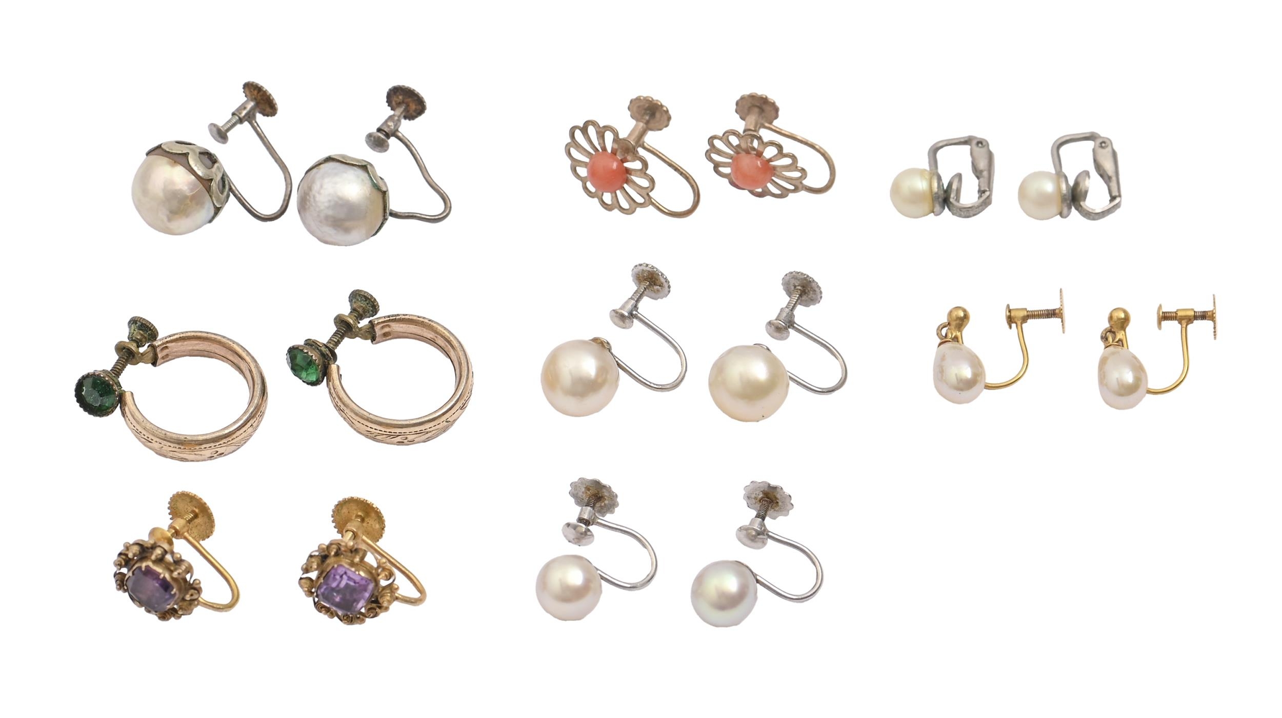 Eight pairs of cultured pearl, paste and other earrings,  several gold mounted, 22g As a lot in good