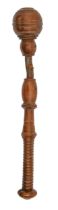 A Victorian turned hardwood and leather cosh or bludgeon, 40cm l Old shrinkage fracture in grip part