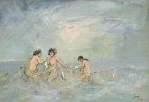 Jack Cox (1914-2007) - Sirens Caught in the Nets, signed, oil on board, 39 x 53cm, a further two