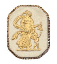 A Wedgwood white and gilt jasper ware cameo mounted in gold brooch, late 19th cl, 39 x 30mm,