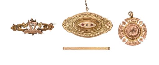 A 9ct gold watch fob shield, two gold brooches and a larger Victorian ruby and chip diamond