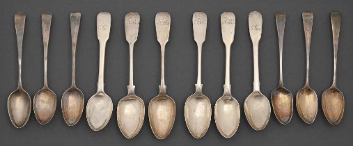 Two sets of George III and George IV silver teaspoons, Old English and Fiddle patterns, both London,