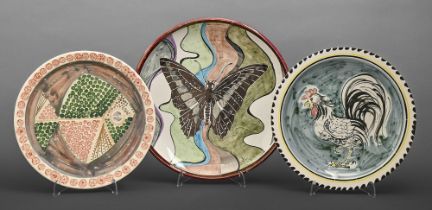 Rye Potteries. A David Sharp tin glazed and lustred earthenware butterfly dish, 33cm diam, painted