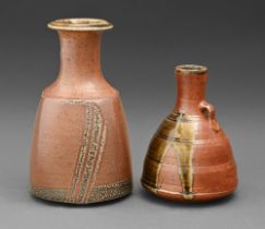 Studio pottery. John Jelfs (1946 - ) - Mallet shaped vase; Handled flask, two, thrown stoneware,