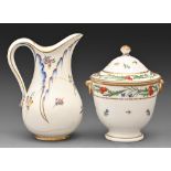 A Sevres jug, 1756-7, painted by Francois Levavasseur, with bouquets, gilt dentil rim, 18cm h,