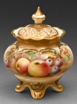 A Royal Worcester pot pourri vase and cover, c1970, painted with fruit, signed, 11cm h, black