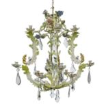 A naturalistic painted metal chandelier, late 20th c, of eight lights, issuing from leafy branches