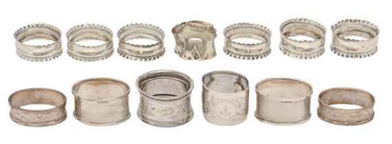 Six, a pair and a set of five silver napkin rings, Edward VII-Elizabeth II, various makers, 3ozs