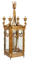 A French gilt brass hall lantern, 20th c, in Louis XVI style, applied with festoons and to the