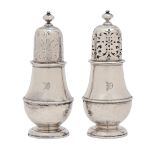 A pair of George I silver casters and covers, one pierced, the other blind, contemporary initials on