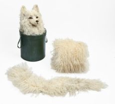 A French white fur muff and collar, in cylindrical green card box surmounted by glass eyed dog's