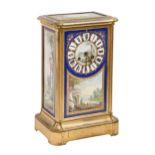 A French gilt lacquered brass and porcelain inset four-glass clock, late 19th c, the blue ground