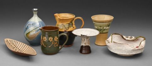 Studio pottery. An Alsager slipware jug and six various vases and other wares, jug 13cm h, variously