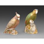Two Royal Crown Derby Amazon Green Parrot and Cockatoo paperweights, early 20th c, 13.5 and 15.5cm