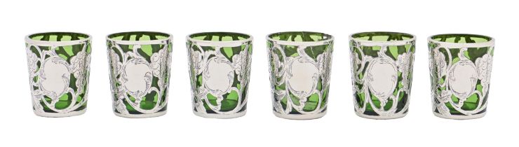 A set of six North American silver overlay green glass pots, early 20th c, 46mm h, indistinct