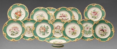 A Staffordshire bone china botanical dessert service, c1870, with pierced chrome green, yellow and