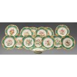 A Staffordshire bone china botanical dessert service, c1870, with pierced chrome green, yellow and