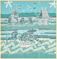 South-East Asian School, 20th c - Rice Field, indistinctly signed, polychrome printed textile, 44