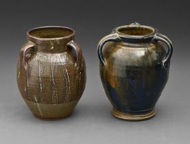 Studio pottery. Three handled vases, two, stoneware with ash or streaky glaze, 20 and 21cm h, one