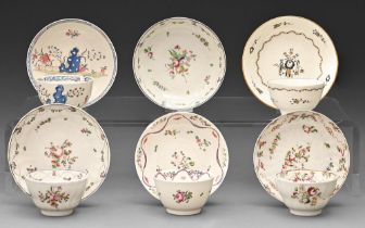 Five New Hall and other Staffordshire tea bowls and saucers and another saucer, c1790-1800,