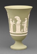 A Wedgwood green jasper ware vase, 20th c, sprigged with classical figures, 19cm h, impressed mark