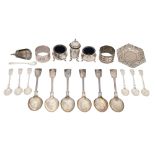 Miscellaneous silver flatware, napkin rings and condiments, Victorian and later, and several