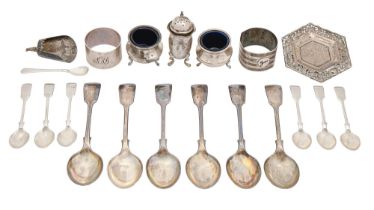 Miscellaneous silver flatware, napkin rings and condiments, Victorian and later, and several