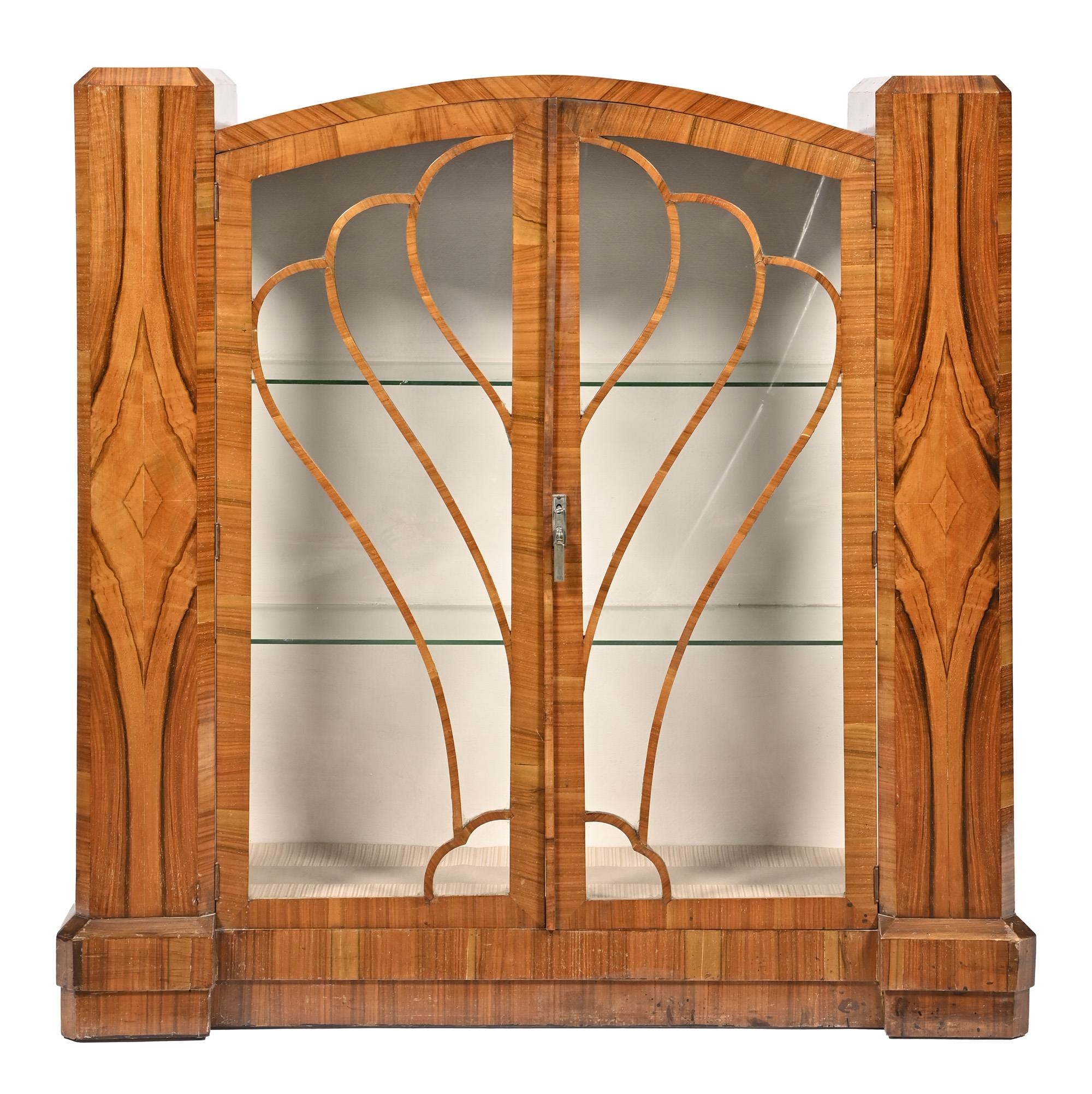 An Art Deco walnut china cabinet, c1930s,  123cm h; 119 x 35cm Numerous minor scuffs and scratches