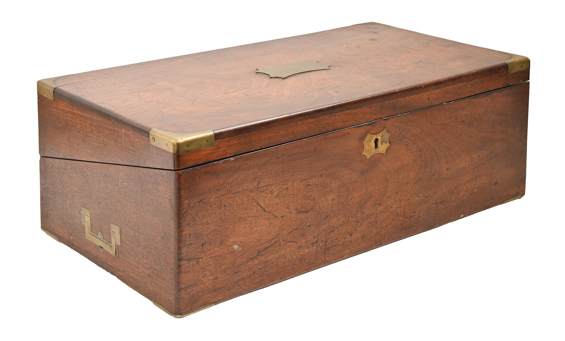 A Victorian brass mounted mahogany writing box, with fitted interior and flush handles, 53cm l