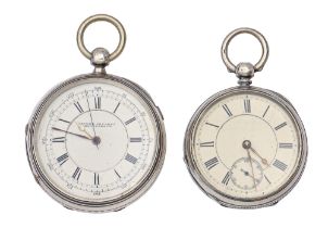 Two silver lever watches, the chronograph with three quarter plate fusee movement, 61mm diam,