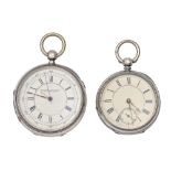 Two silver lever watches, the chronograph with three quarter plate fusee movement, 61mm diam,