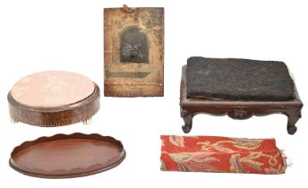 A miniature mahogany gallery tray, 30.5cm l, two Victorian footstools and another item (4) Condition