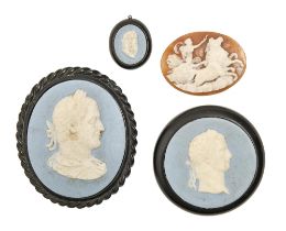 Three jasper ware cameos of classical philosophers, 19th c, 50mm and smaller, each mounted and an