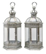 A pair of decorative hexagonal metal hanging lanterns, 20th c, 62cm h excluding hook Good condition