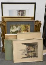 Miscellaneous pictures and prints, including a set of three early 20th c coloured etchings by A