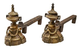 A pair of French brass urn chenets, 19th c, with iron bars, 22cm h Much old grime and dirt
