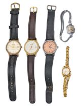 A Postala plated and stainless steel wristwatch, 32mm diam and four various other wristwatches (5)