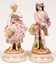 A pair of French painted biscuit figures, 19th c, 44cm Female figure - head broken off and restuck