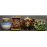 A majolica jardiniere and two pedestals, late 19th c, and a vase (4) Faults