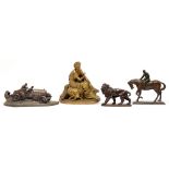 A brass classical figure, horse and rider figure, faux bronze lion and replica 1920s inkwell and pen