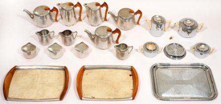 Two Picquot ware pewter  tea sets and a chromium plated tea set