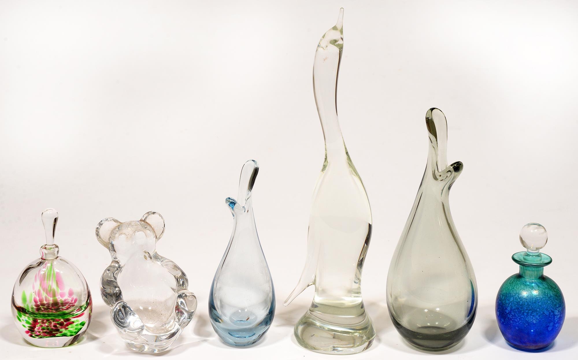 Two Holmegaard glass vases, 19 and 25.5cm h, and other decorative glass, comprising two scent