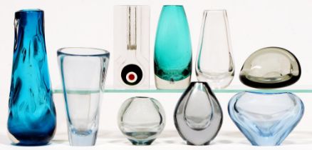Eight mid-century glass vases and an ashtray, two Holmegaard examples (9)