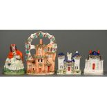 Three Victorian Staffordshire cottages,  largest 23cm h, and a  figure of Red Riding Hood (4) One