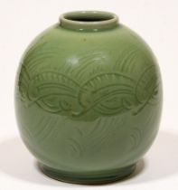 A Royal Copenhagen  celadon glazed vase, decorated with dolphins, 24cm h