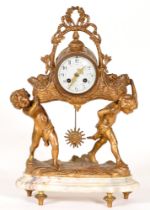 A bronze spelter mantel clock in the form of boys holding baskets aloft, 47cm h