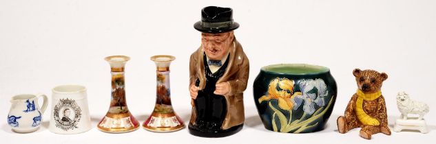 A Royal Doulton Winston Churchill jug, a pair of Noritake candlesticks, a Beswick teddy, etc