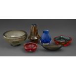 Six mid-century glass items, vases, ashtrays and a bowl, bowl 23cm diam, largest vase 19cm h (6)