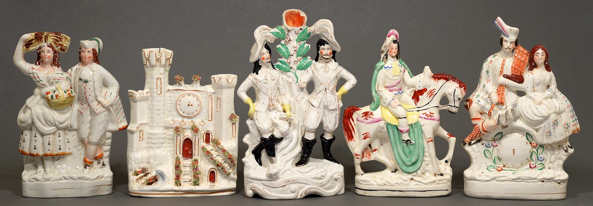 Five Victorian Staffordshire flatback figures, 19th c, largest 38cm h Faults